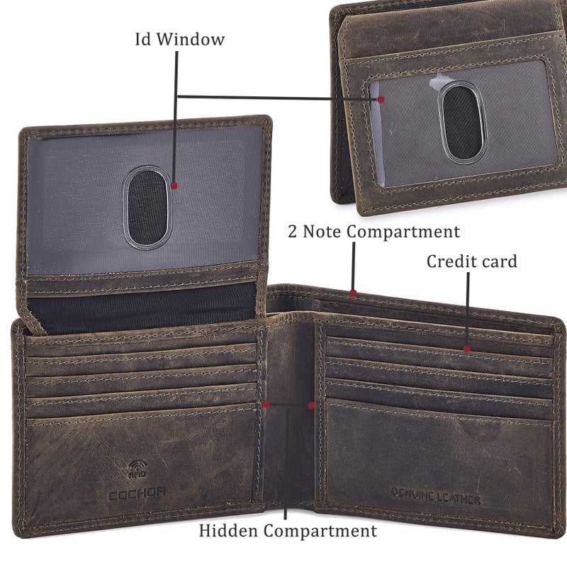 Cochoa Bifold Wallet for Men's Real Genuine Slim Leather RFID Blocking 2 ID Windows Stylish Travel Gift Box (CRAZY HORSE, MOSS GREEN) - Image 2